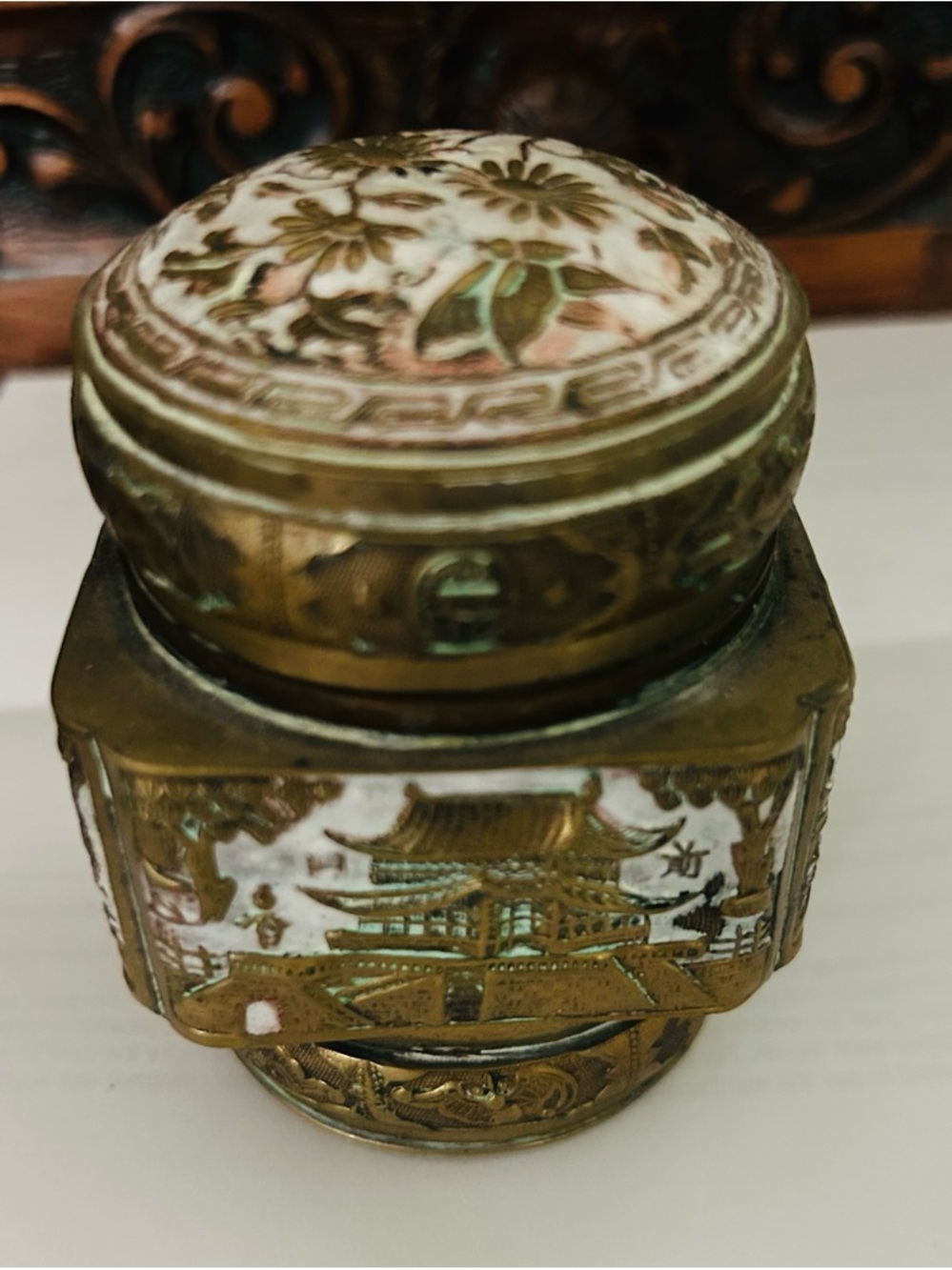 Antique Brass & Enamel Asian-Inspired Trinket Box